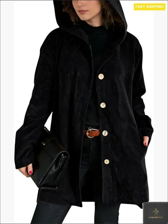 Corduroy Hooded Trench Coat Loose Fit Vintage Chic Casual Outerwear Jacket - Picture 1 of 7